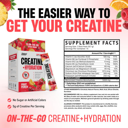 Nutrex Research Essentials Creatine + Hydration Stick Packs, 5g Creatine + Electrolytes, Sugar Free, Gluten Free, Strawberry Watermelon, 15 On-The-Go Stick Packs