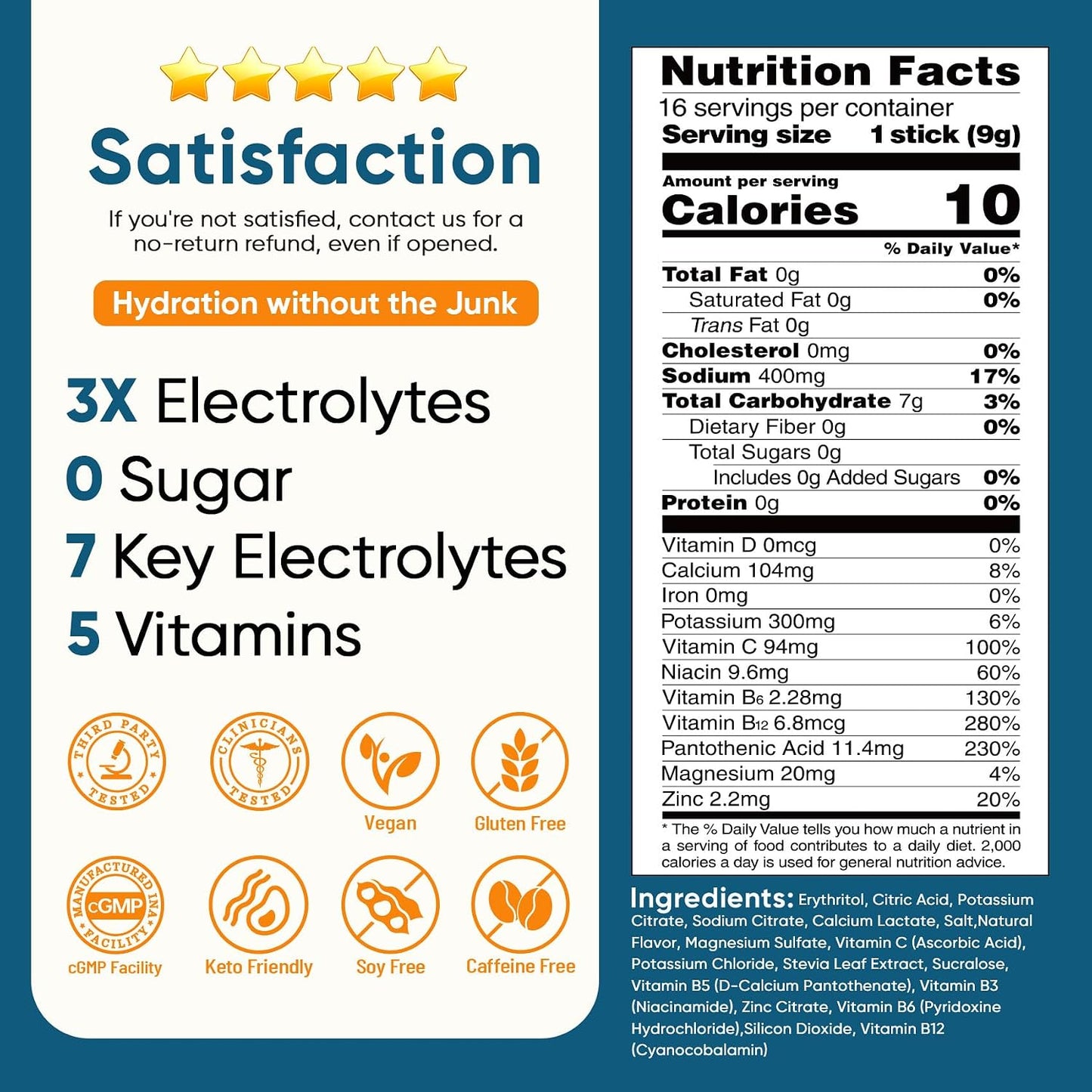 Venture Pal Sugar Free Electrolyte Powder, Liquid Daily IV Hydration Packet | 7 Electrolytes & 5 Vitamins Instantly Hydration, Electrolyte Dink Mix for Sports & Recovery, Vegan, Keto-Friendly, 16 Sticks
