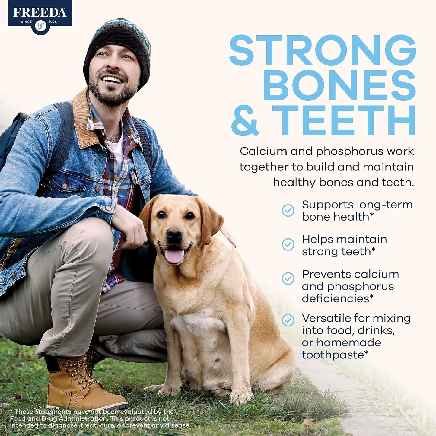 Freeda Calcium Phosphate Powder Mineral Supplement - 16 oz | Kosher Calcium and Phosphorus Powder Supplement to Support Bone Strength & Joint Health for Men, Women, Dogs, and Cats