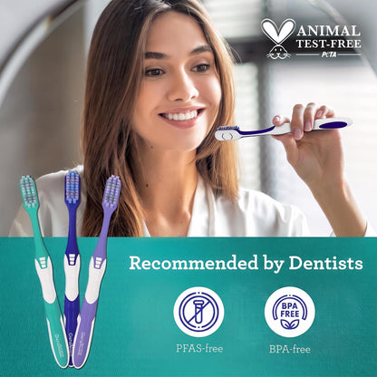 GuruNanda Gentle Giant Toothbrush with Dual Action Flossing Spiral Bristles, Non-Slip Ergo Dexa Grip, Helps in Teeth Whitening, BPA Free Manual Toothbrushes, Assorted Colors, 4 Count
