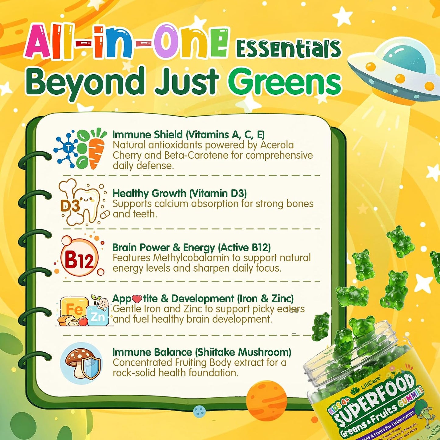 Kids Super Greens Gummies, Superfood Multivitamin for Kids, 30 Veggie, Fruit, Vitamin, Mineral, Probiotic, Kids Vitamin Gummies for Growth, Immunity, Digestion, Picky Eater Approved, Sugar Free 2Pack