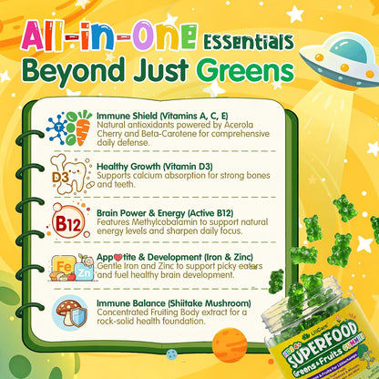 Kids Super Greens Gummies, Superfood Multivitamin for Kids, 30 Veggie, Fruit, Vitamin, Mineral, Probiotic, Kids Vitamin Gummies for Growth, Immunity, Digestion, Picky Eater Approved, Sugar Free 2Pack