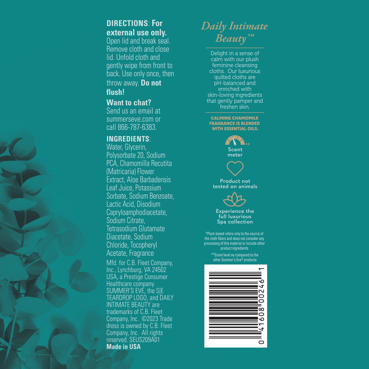 Summer's Eve Spa Calming Chamomile Feminine Wipes, 100% Plant Based*, pH balanced Plush Cloths