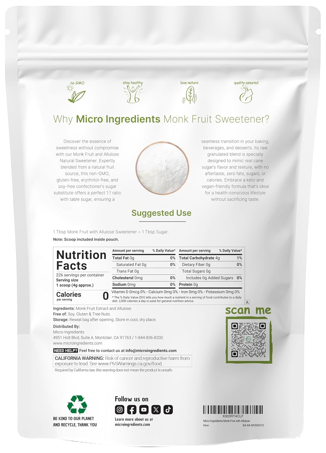 Monk Fruit Sweetener with Allulose, 2 lbs | No Erythritol | No Aftertaste, 1:1 White Sugar Substitute, Keto & Vegan Friendly, Zero Calorie | Great for Drinks, Coffee, Tea, Cookies | Non-GMO