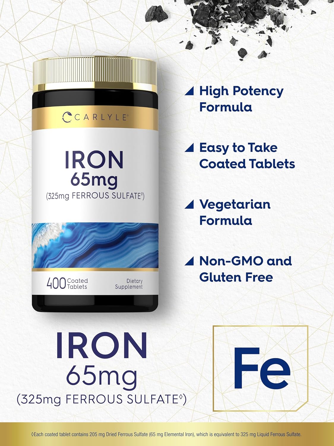 Carlyle Iron Ferrous Sulfate 325mg, 65 mg | 400 Tablets | Non-GMO, Gluten Free, and Vegetarian Supplement | High Potency