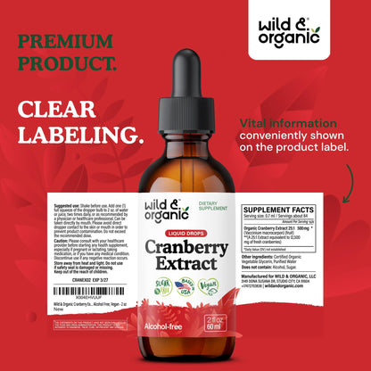 Wild & Organic Cranberry Concentrate Liquid Drops - Urinary Tract Support with Cranberry Supplement for Women & Men - 500 mg Extract per Serving - Vegan, Sugar & Alcohol-Free - 4 fl oz