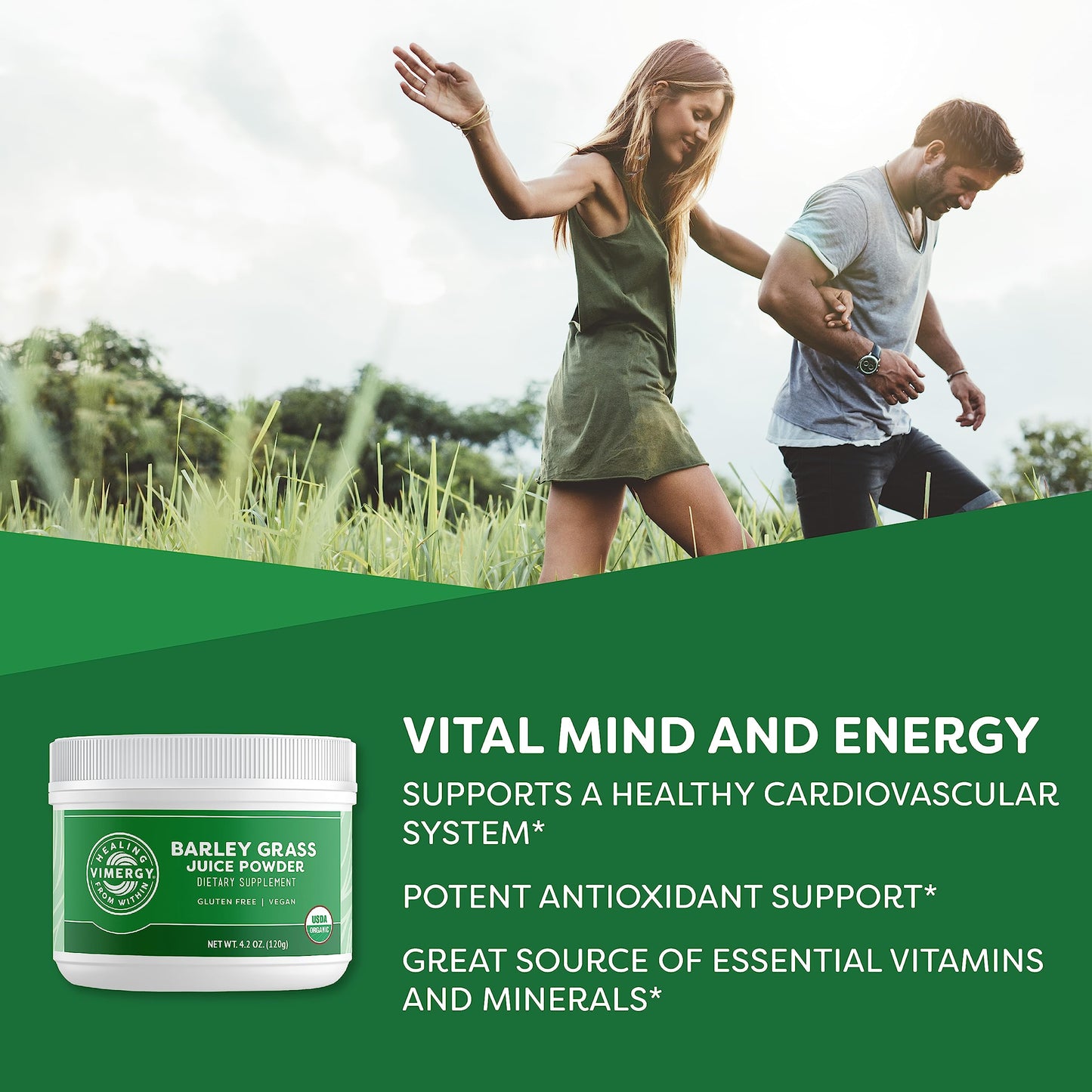 Vimergy Barley Grass Juice Powder Dietary Supplement - 4g per Serving (62 Servings) – Clean Superfood – Promotes Cardiovascular Health* – Organic, Vegan & Gluten-Free – Regular Size 250g