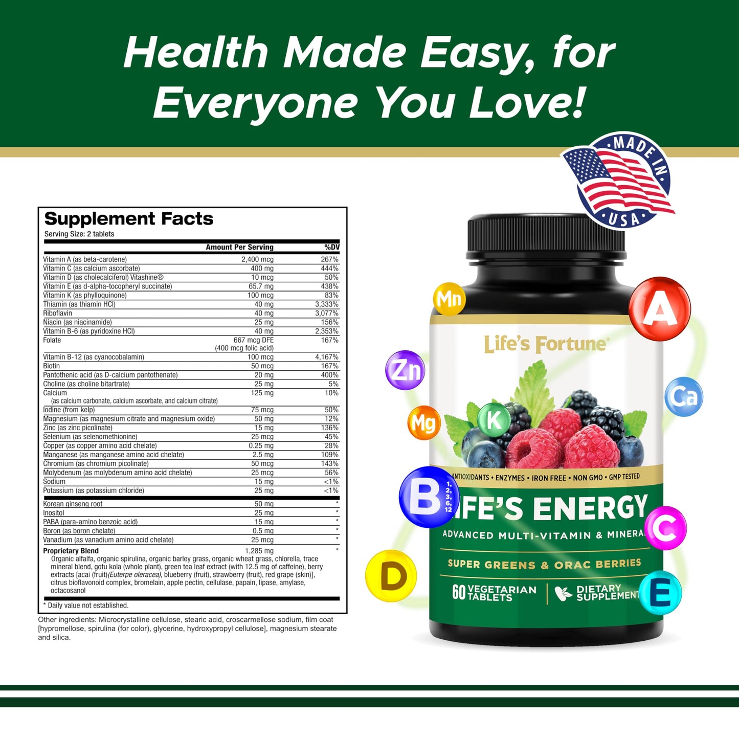 Life's Energy Advanced Daily Multivitamin for Men & Women, Energy & Immune Support Supplement with Super Greens - Antioxidants & Enzymes - Iron Free, Vegetarian, 120 Tablets by Life's Fortune