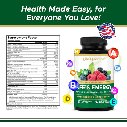 Life's Energy Advanced Daily Multivitamin for Men & Women, Energy & Immune Support Supplement with Super Greens - Antioxidants & Enzymes - Iron Free, Vegetarian, 120 Tablets by Life's Fortune
