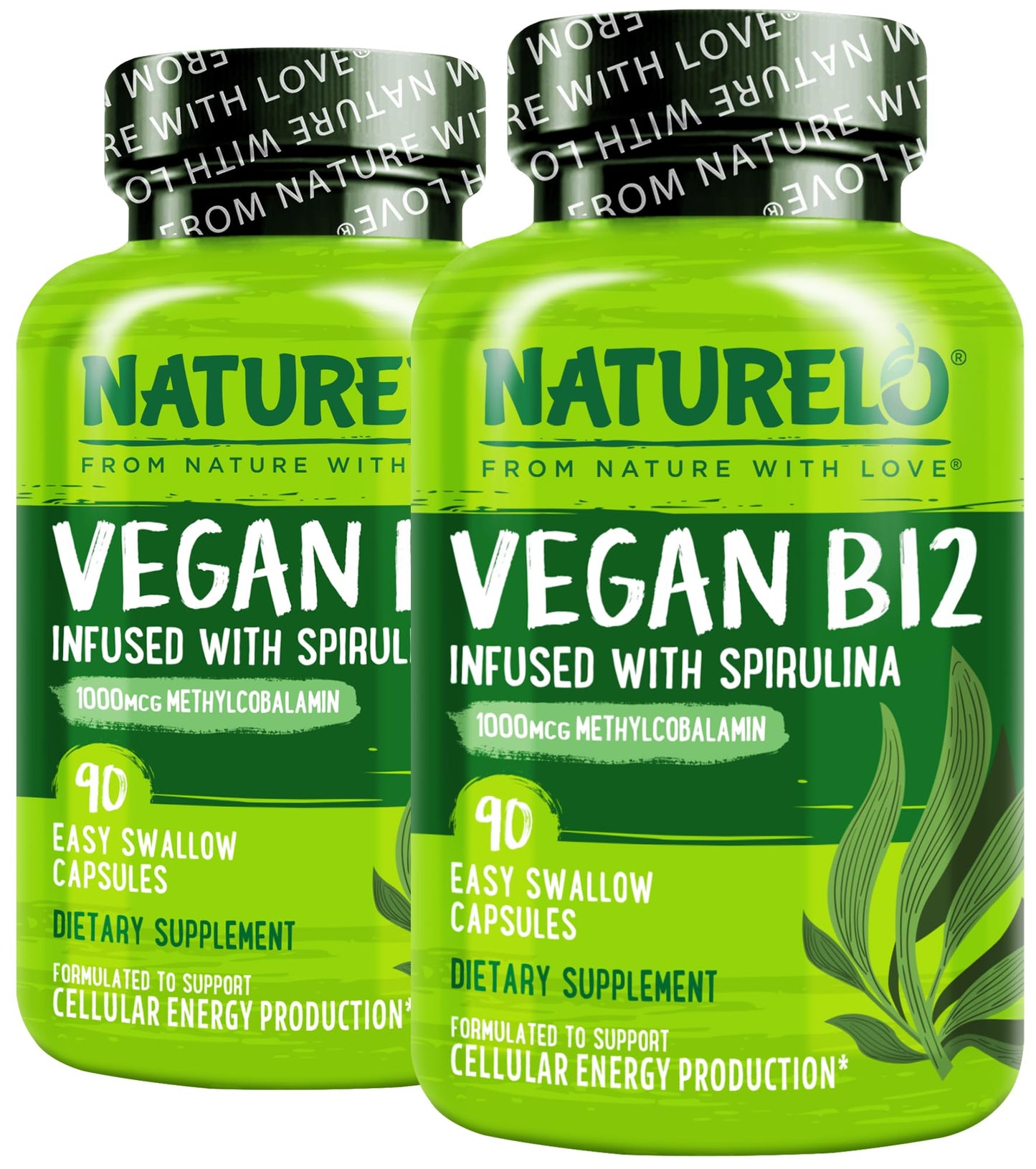 NATURELO Vegan B12 - Methyl B12 with Organic Spirulina - High Potency Vitamin B12 1000 mcg Methylcobalamin - Supports Healthy Mood, Energy, Heart & Eye Health - 90 Capsules