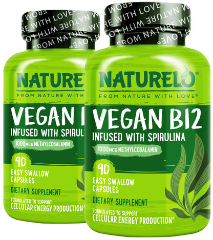 NATURELO Vegan B12 - Methyl B12 with Organic Spirulina - High Potency Vitamin B12 1000 mcg Methylcobalamin - Supports Healthy Mood, Energy, Heart & Eye Health - 90 Capsules
