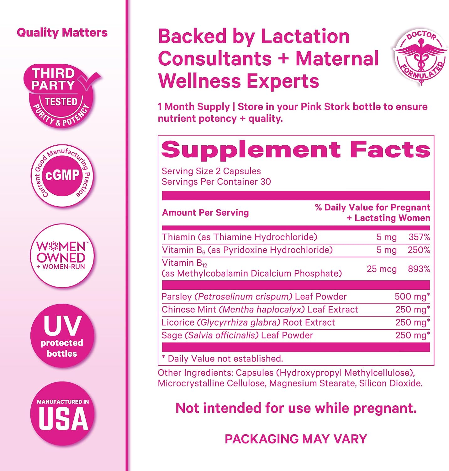 Pink Stork No Flow: Dry Up Breast Milk Supply with Sage, Parsley, and B Vitamins, Postpartum Essentials for Women to Stop Breastfeeding and Decrease Milk Production, 60 Capsules