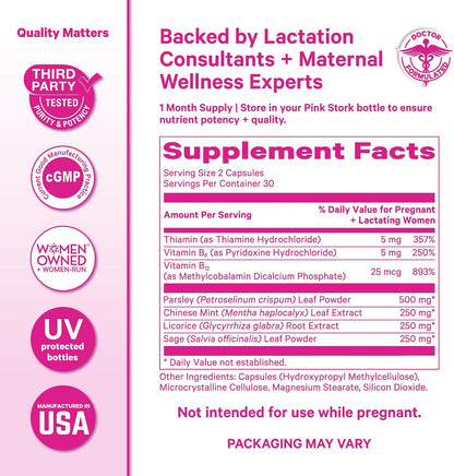 Pink Stork No Flow: Dry Up Breast Milk Supply with Sage, Parsley, and B Vitamins, Postpartum Essentials for Women to Stop Breastfeeding and Decrease Milk Production, 60 Capsules