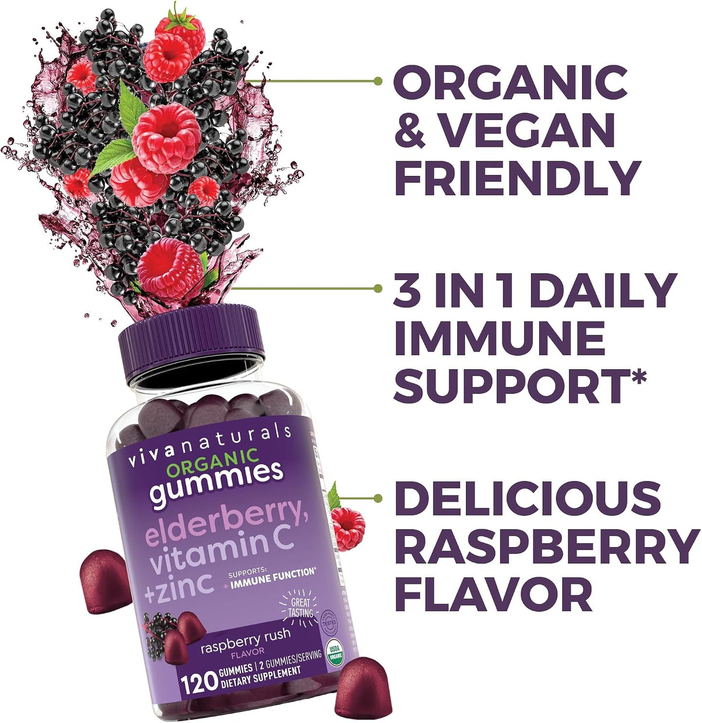 Viva Naturals Black Elderberry Vitamin C and Zinc Immune Support Gummies for Adults, Sambucus Elderberry Gummies with Raspberry Rush Flavor, USDA Organic, Non-GMO, (120 Count)