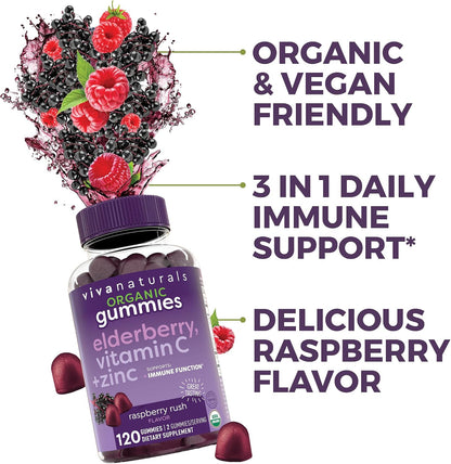 Viva Naturals Black Elderberry Vitamin C and Zinc Immune Support Gummies for Adults, Sambucus Elderberry Gummies with Raspberry Rush Flavor, USDA Organic, Non-GMO, (120 Count)