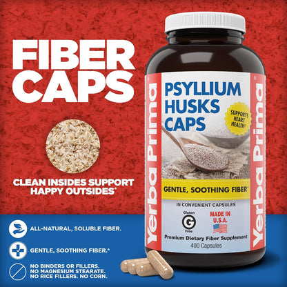 Yerba Prima Psyllium Husks Caps, 400 Capsules - Natural Fiber for Men and Women - Regularity Support Supplement