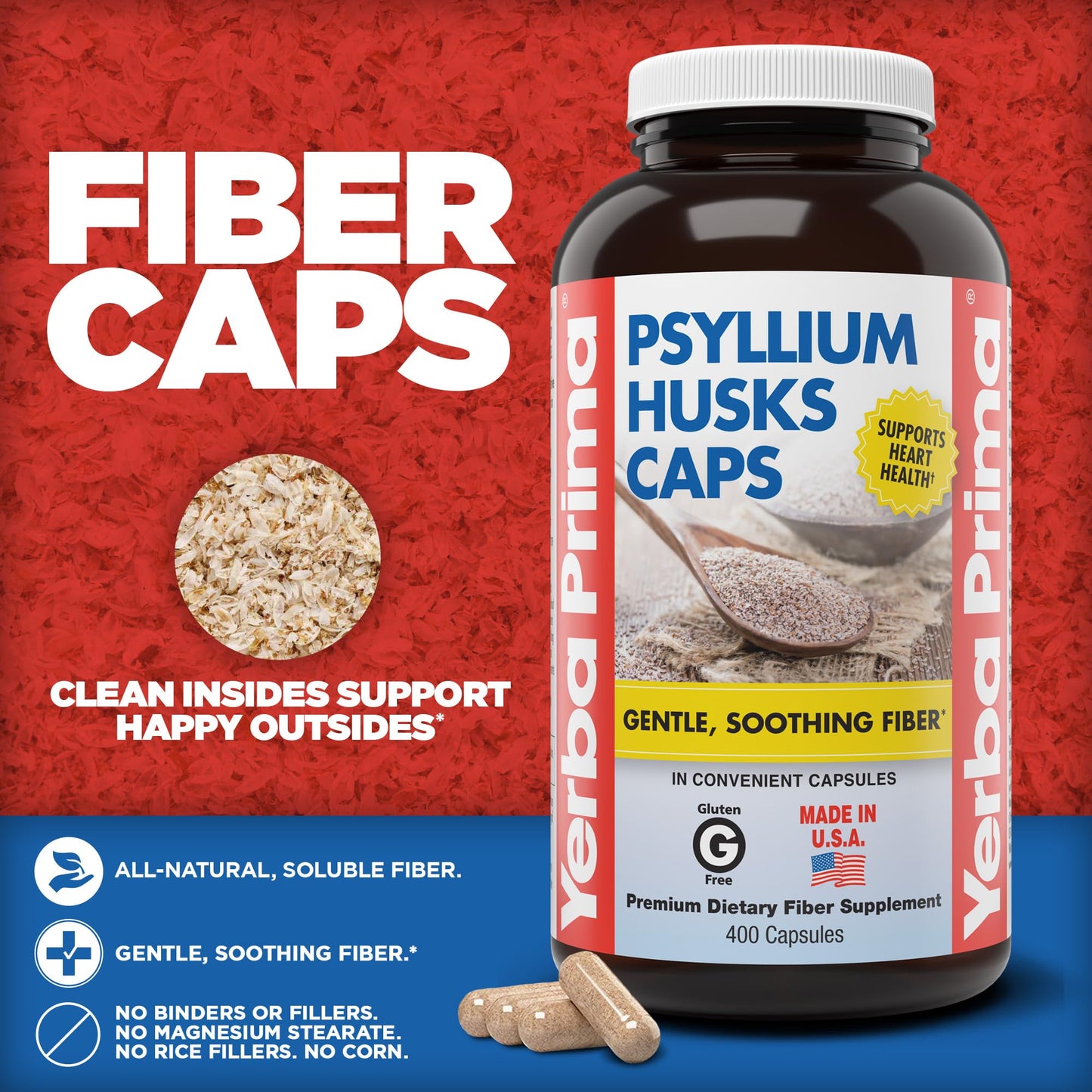 Yerba Prima Psyllium Husks Caps, 400 Capsules - Natural Fiber for Men and Women - Regularity Support Supplement