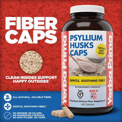 Yerba Prima Psyllium Husks Caps, 400 Capsules - Natural Fiber for Men and Women - Regularity Support Supplement