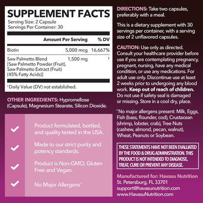 Saw Palmetto for Women with Bitoin 5000mcg Per Serving, 30-Day Supply | Vegan, Non-GMO DHT Blocker for Women for Hair, Skin and Nails, Saw Palmetto Extract with Biotin for Thicker Looking Hair