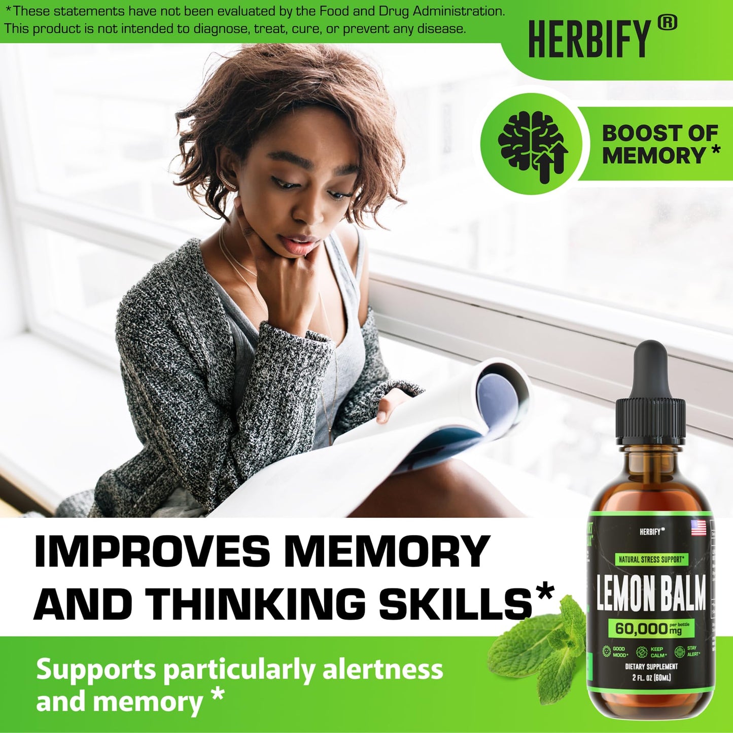 HERBIFY Lemon Balm Tincture - Melissa Officinalis Leaf Liquid Extract - Brain Support and Mood Boost - Lemon Balm Drops for Immune & Cognitive Support - 30 Days Supply - 2 Fl oz