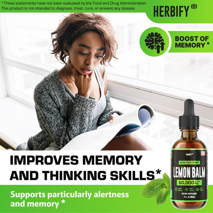 HERBIFY Lemon Balm Tincture - Melissa Officinalis Leaf Liquid Extract - Brain Support and Mood Boost - Lemon Balm Drops for Immune & Cognitive Support - 30 Days Supply - 2 Fl oz