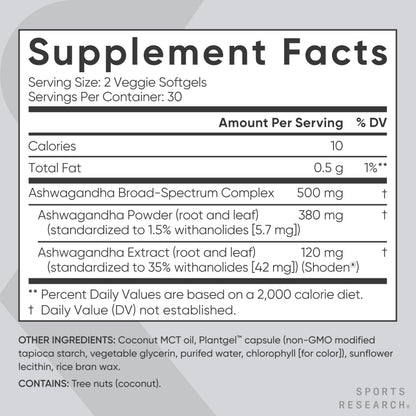 Sports Research® Ashwagandha Softgels with Coconut MCT Oil - Natural Adaptogen