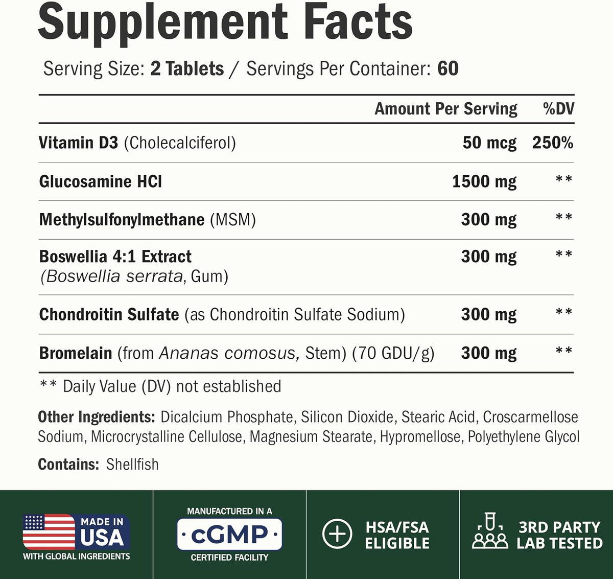 Glucosamine Chondroitin & Vitamin D3 2000IU for Joint Support - 120 Tablets