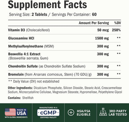 Glucosamine Chondroitin & Vitamin D3 2000IU for Joint Support - 120 Tablets