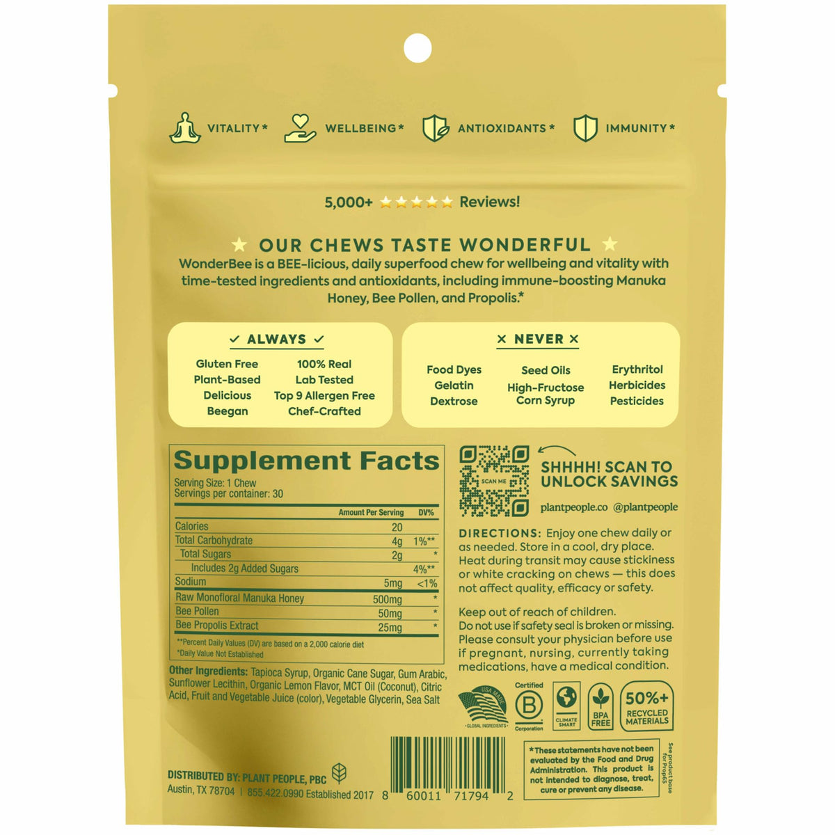 Plant People WonderBee Super Mushroom Manuka Honey Chews 30ct