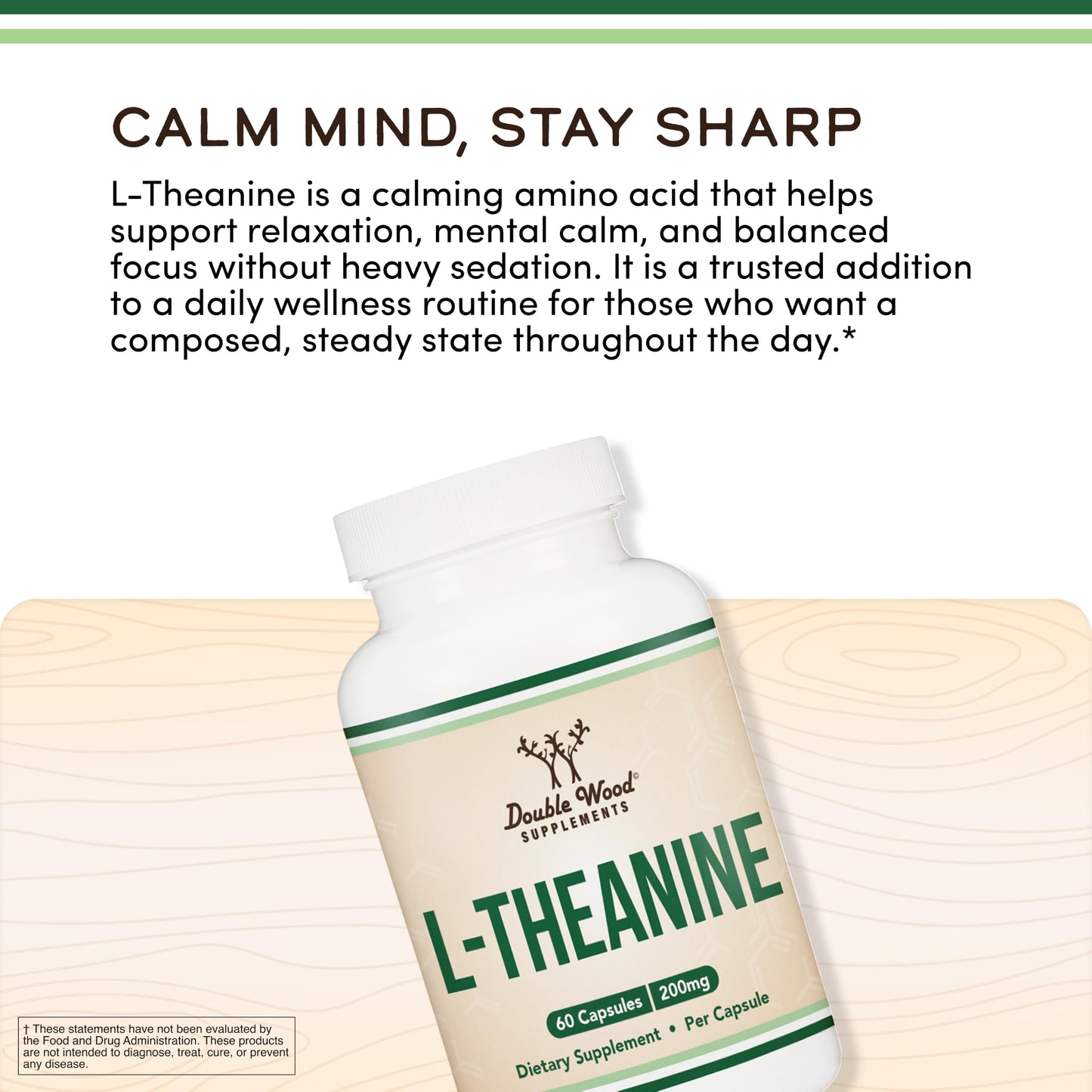 L-Theanine 200mg Double Strength - Supports Health Sleep Response and Relaxation - 120 Capsules (Third Party Tested, Gluten Free) by Double Wood