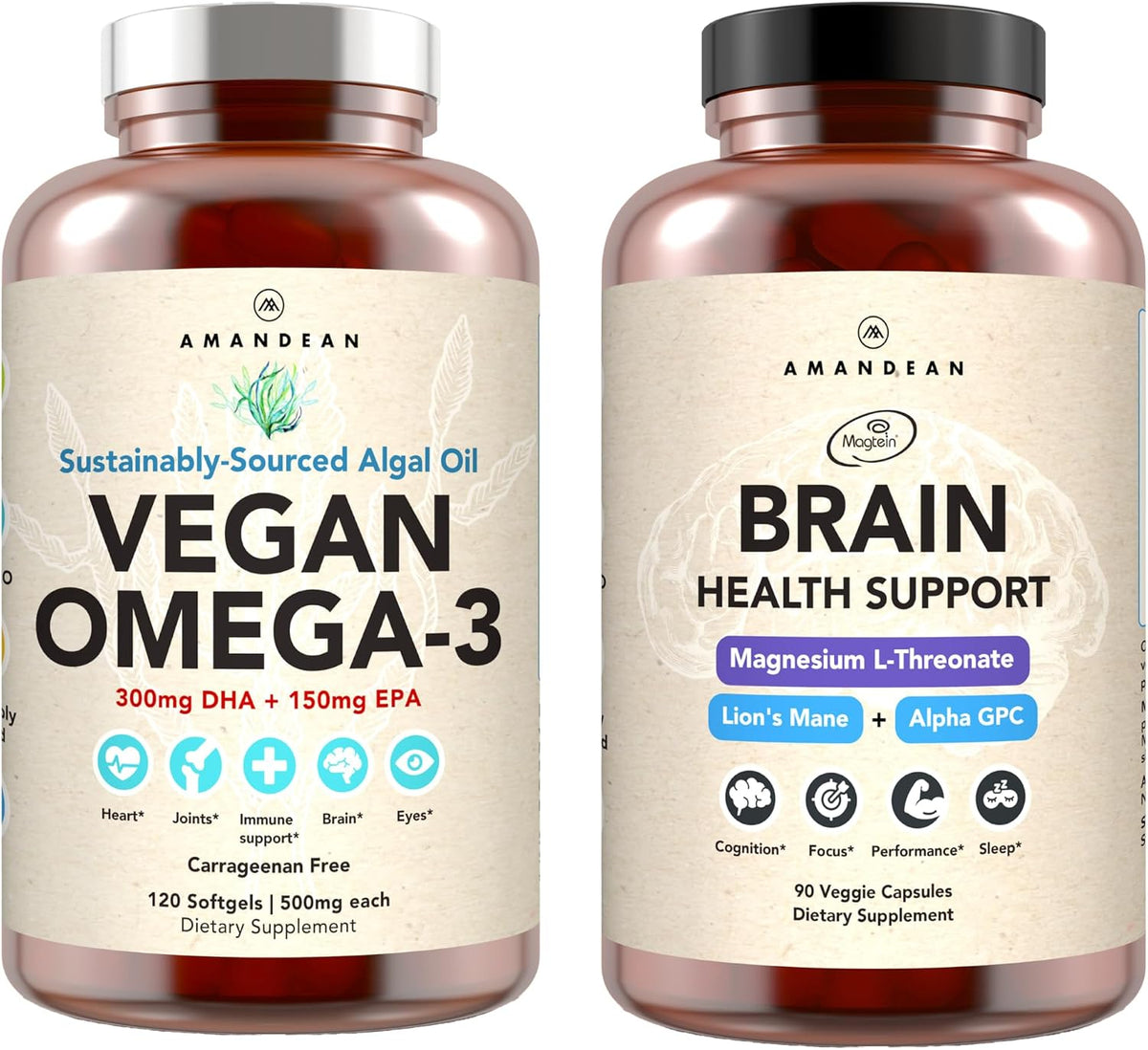 AMANDEAN Brain & Vegan Omega-3 Bundle: Magnesium Threonate, USA-Grown Lion’s Mane 6:1, Alpha-GPC & Algae DHA/EPA. Plant-Based Essential fats for Brain, Eye, Heart & Skin Health. Fish Oil Alternative.