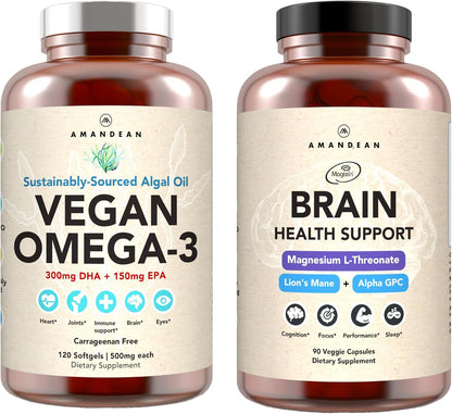 AMANDEAN Brain & Vegan Omega-3 Bundle: Magnesium Threonate, USA-Grown Lion’s Mane 6:1, Alpha-GPC & Algae DHA/EPA. Plant-Based Essential fats for Brain, Eye, Heart & Skin Health. Fish Oil Alternative.