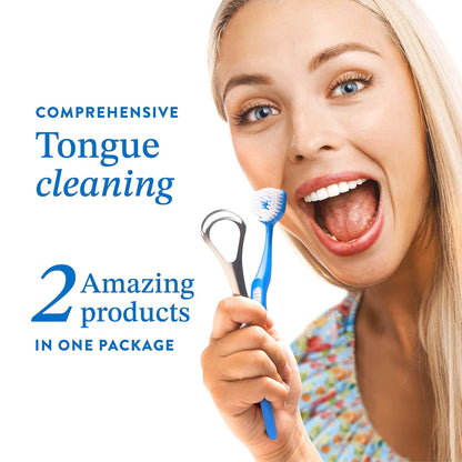 Mouthology Soft Bristle Tongue Brush and Tongue Scraper for Adults (2 Pack) and 10% Nano Hydroxyapatite Toothpaste (Fluoride Free)