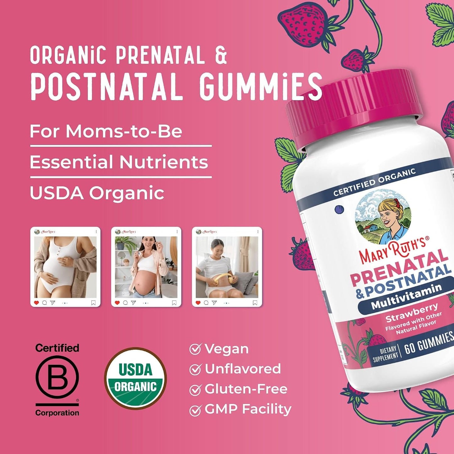 MARYRUTH'S Organics Prenatal Vitamins for Women | USDA Organic Prenatal Gummies | Postnatal Vitamins for Women Breastfeeding | Methylfolate 800 mcg DFE | Iodine | Vegan | Non GMO | 30 Servings
