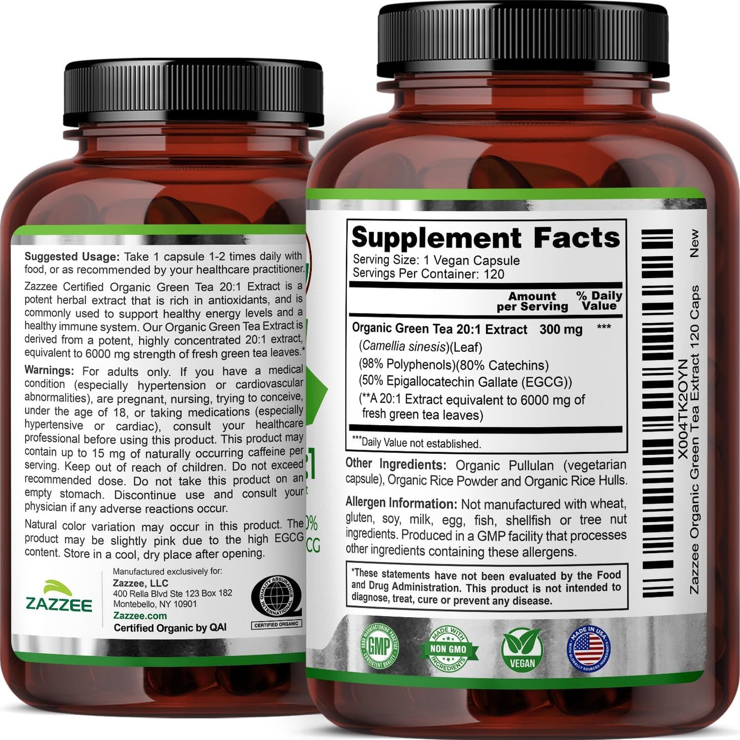 Zazzee USDA Organic Green Tea 20:1 Extract, 50% EGCG, 98% Polyphenols, 80% Catechins, 120 Vegan Capsules, 4 Month Supply, Antioxidant, Metabolism & Energy Support, Non-GMO, All-Natural, Made in USA