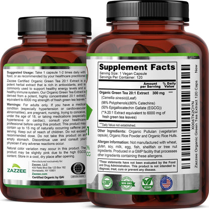 Zazzee USDA Organic Green Tea 20:1 Extract, 50% EGCG, 98% Polyphenols, 80% Catechins, 120 Vegan Capsules, 4 Month Supply, Antioxidant, Metabolism & Energy Support, Non-GMO, All-Natural, Made in USA