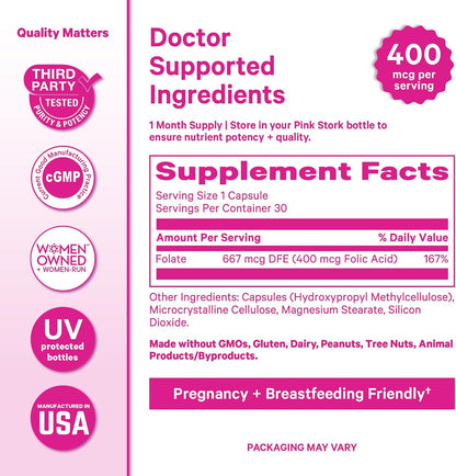 Pink Stork Folic Acid Supplement for Women – 400mcg, 30 Capsules | Daily Vitamin B9, Prenatal & Fertility Support, Supports Red Blood Cell Formation & Energy, Vegetarian