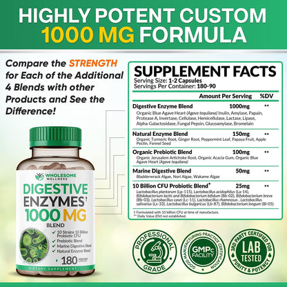 Wholesome Wellness Digestive Enzymes 1000MG Plus Prebiotics & Probiotics Supplement + Super-Absorb Multi Collagen Pills (Type I II III V X) Organic Herbs and Bioperine Bundle