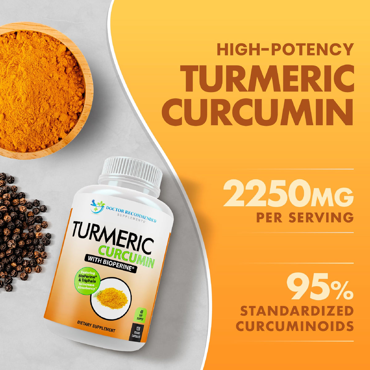 Turmeric Curcumin Supplement - 2250mg/d - Veggie Caps - 95% Curcuminoids with Black Pepper Extract (Bioperine) - 750mg Capsules - 100% Organic - Most Powerful Turmeric (180 Count)