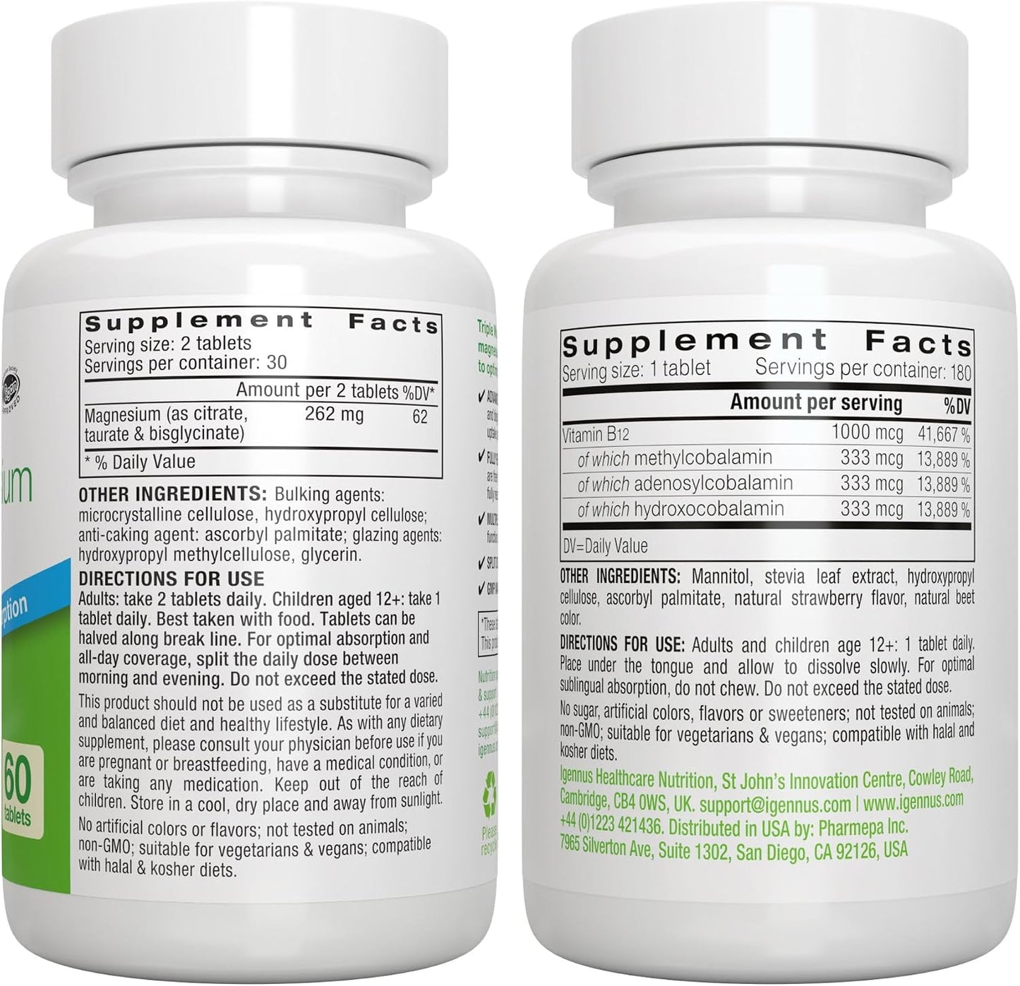 Triple Magnesium Complex + Super B12-Complex Energy Bundle, High Absorption Chelated Glycinate, Taurate & Citrate Magnesium + High Absorption Sublingual B12, Vegan, by Igennus