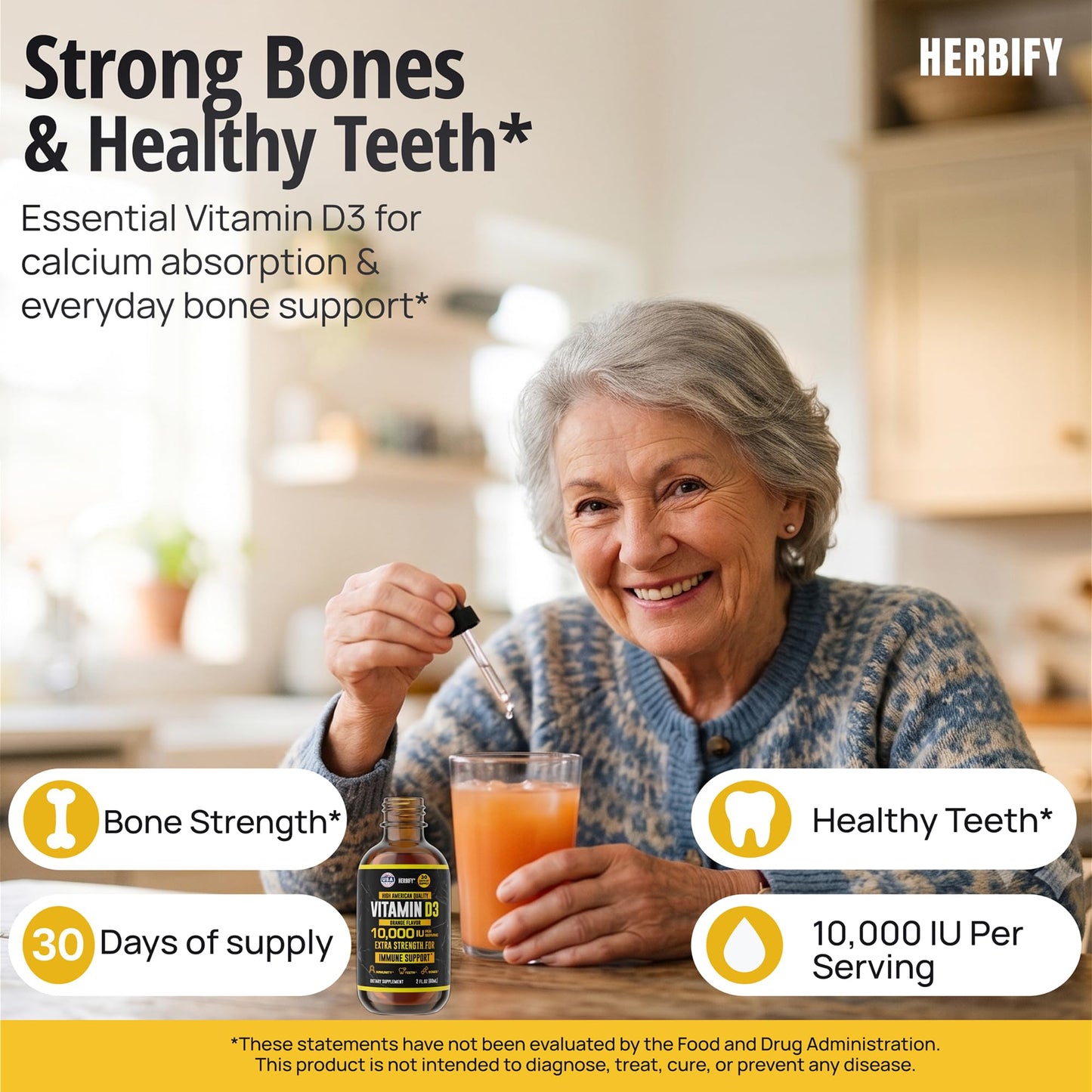 HERBIFY Vitamin D3 10000 IU - Made in USA Liquid Vitamin D Drops - Bone Strength and Immune Support Supplement - Sunshine Replacement - D3 Vitamin Bone and Teeth Supplement - 30 Days Supply - 2 Oz