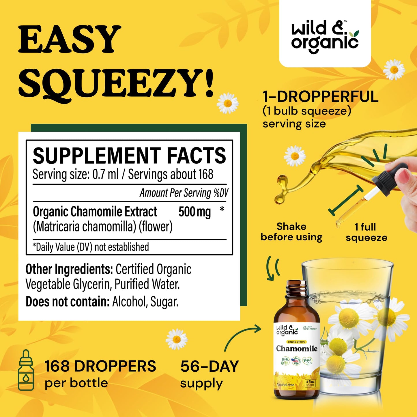Wild & Organic Chamomile Flowers Drops - Add to Tea for Relaxation Support - 500 mg Chamomile Extract Liquid Drops - Calming Herbal Supplement - 56-Day Supply - Vegan, Sugar & Alcohol-Free - 4 fl oz