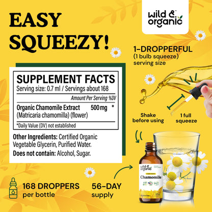 Wild & Organic Chamomile Flowers Drops - Add to Tea for Relaxation Support - 500 mg Chamomile Extract Liquid Drops - Calming Herbal Supplement - 56-Day Supply - Vegan, Sugar & Alcohol-Free - 4 fl oz