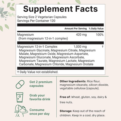 Micro Ingredients 12‑in‑1 Magnesium Complex 1000 mg, 240 Capsules – Magnesium Glycinate, Citrate, Taurate, Malate & More – High Absorption Formula for Men & Women – Chelated & Purified