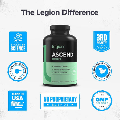 LEGION Athletics Ascend Nootropic - All-Natural Brain Supplements for Memory and Focus - Nootropics Brain Support Supplement with Alpha-GPC - Brain Supplement for Alertness & Mood Support, 30 Servings