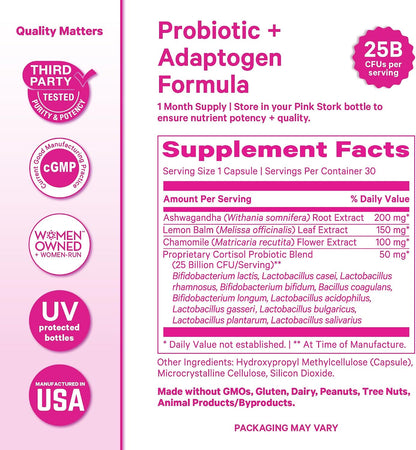 Pink Stork Cortisol Probiotic for Women, 30 Capsules | Ashwagandha, Lemon Balm, Chamomile, 25 Billion CFU, Mood and Adrenal Support, Gut Health, Energy, Focus, Cortisol Management