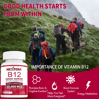 B12 Vitamins 10,000 mcg, Methylated Vitamin B12 Sublingual - Energy Boost, Focus, Metabolism & Brain Health Support, Immune System Support, Fast Dissolve, Natural Strawberry Flavor, 180 Servings