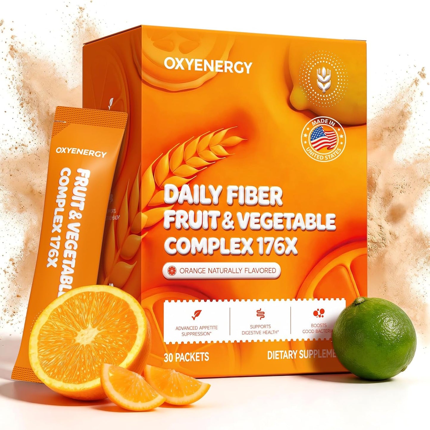 OxyEnergy Fiber Supplement Powder for Women & Men - Fruit and Vegetable Complex Daily Fiber, Weight Loss & Gut Health, Prebiotics & Digestive & Relieve Bloating, Orange Flavored Drink Mix, 30 Packets