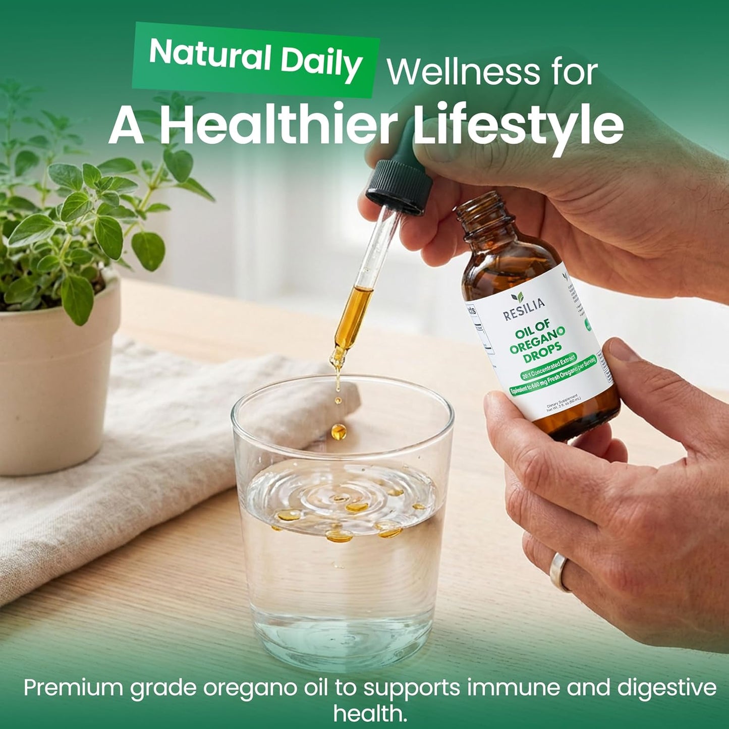 Resilia Premium Oregano Oil Drops – High Potency 34mg Per Serving – Herbal Antioxidant Formula for Immune Support – Non-GMO, Easy-to-Use Liquid Supplement, 60ml