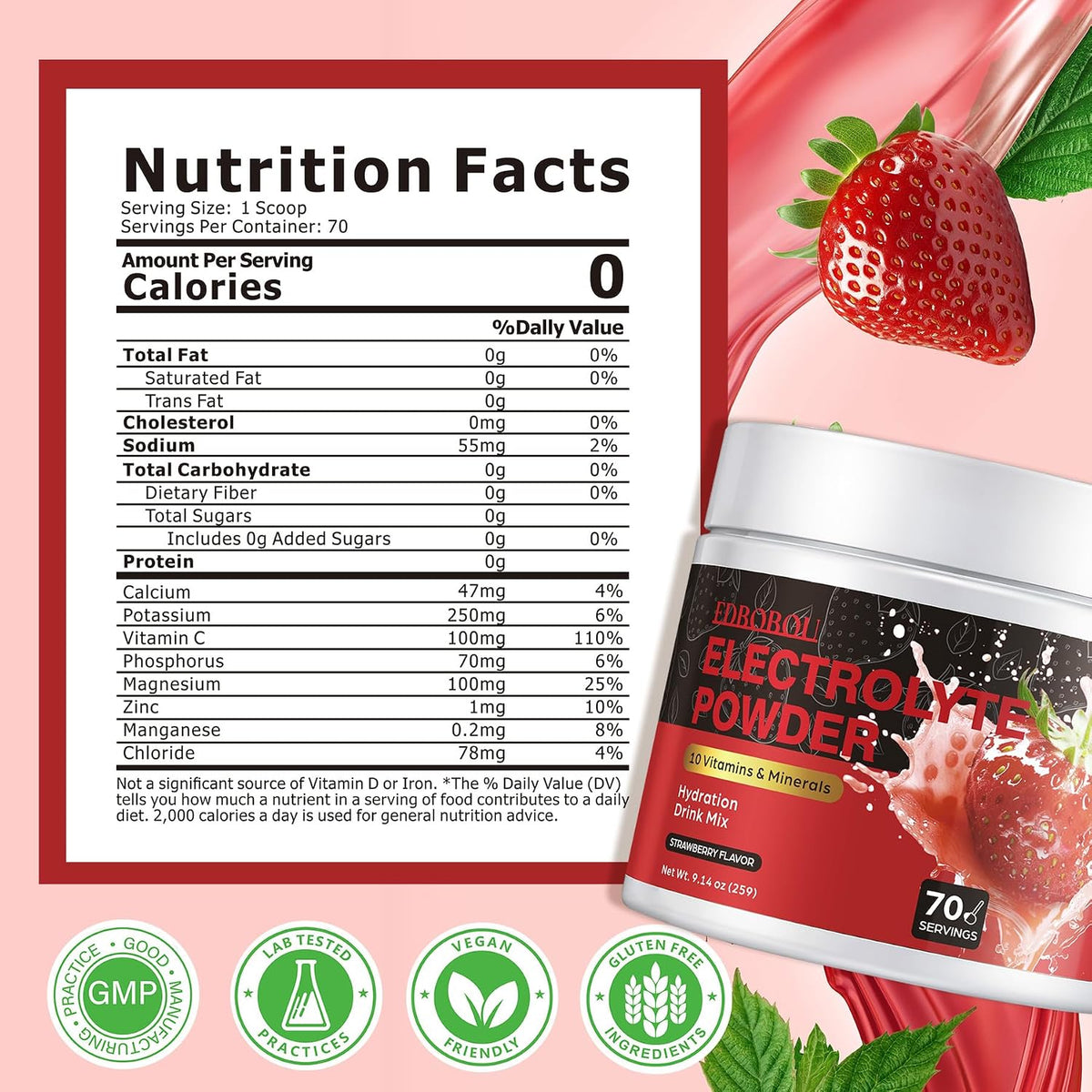Sugar Free Electrolyte Powder Strawberry 70 Servings Refreshing Hydration Mix with Potassium, Sodium & Magnesium Fast-Absorbing Hydration Supplement, Gluten-Free, Ideal for Athletes